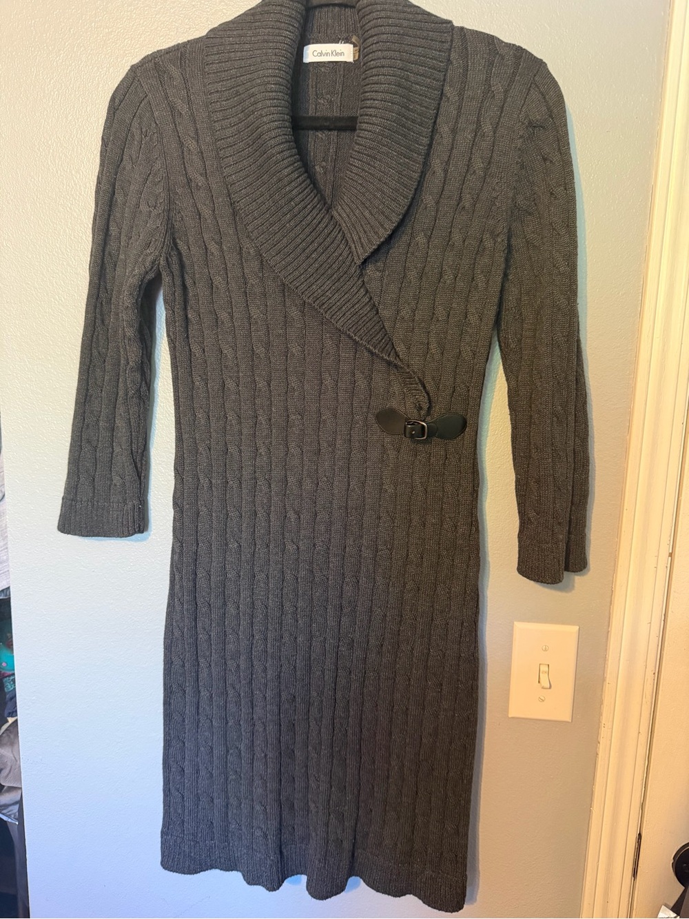Calvin Klein Charcoal Cable-Knit Shawl Collar Dress